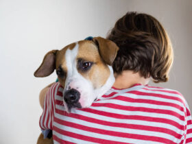 Woman hugs her dog in studio background